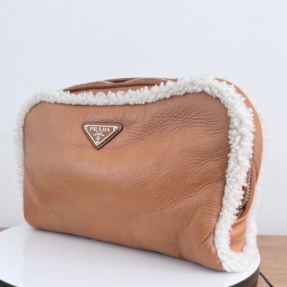 Prada Bandoliera Montone Shearling Leather Crossbody Bag Cognac 2VH181